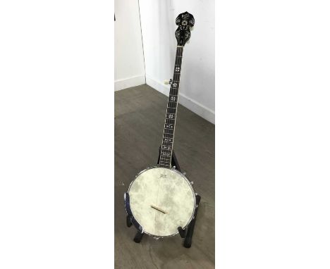 BARNES & MULLINS FIVE STRING BANJO, ALONG WITH ANOTHER BANJO with mother of pearl inlay, Remo skin, the other marked Pat.Japa