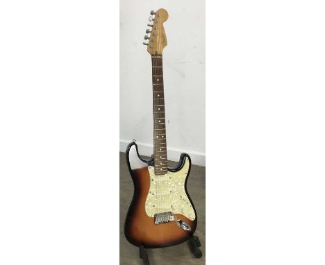 FENDER STRATOCASTER ELECTRIC GUITAR, N549076, tobacco sunburst finish with simulated mother of pearl scratch board, in Fender