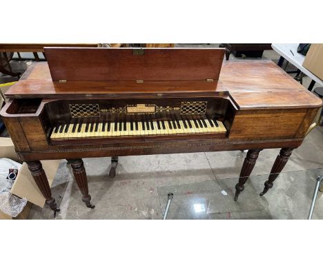 GEORGIAN MAHOGANY SQUARE PIANO, JOHN BROODWOOD & SONS OF LONDON  with hinged cover opening to reveal central Patent... Maker'