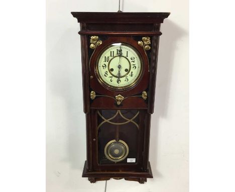 ART NOUVEAU MAHOGANY WALL CLOCK, CIRCA 1910 with two train eight day movement by HAC, the white enamel dial with Arabic numer