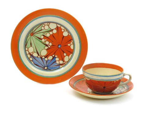 'Broth' a Clarice Cliff Bizarre Globe cup, saucer and side plate, painted in colours printed factory marks, professional rest