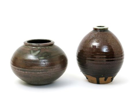 ‡ David Leach OBE (1911-2005) a Lowerdown Pottery stoneware vase, ovoid form with collar neck, covered with a running tenmoku