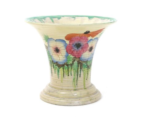 'Anemone' a Clarice Cliff 615 vase, ribbed flaring form, painted in colours printed factory marks, missing flower rose, 17cm.