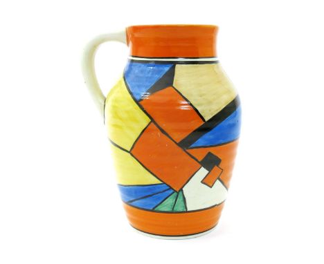 'Cubist' a Clarice Cliff Bizarre single-handled Isis vase, painted in colours between orange and black borders, printed facto