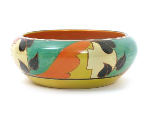 'Feather and Leaves' a Clarice Cliff Fantasque Bizarre Hiawatha bowl, painted in colours printed factory marks, restored, 23c