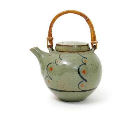 ‡ David Leach OBE (1911-2005) a Lowerdown Pottery stoneware teapot and cover, painted in blue and iron red with motif on a ce