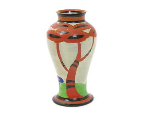 'Applique Red Tree' a Clarice Cliff Bizarre Mei Ping vase, painted in colours between red and black bands, printed and painte