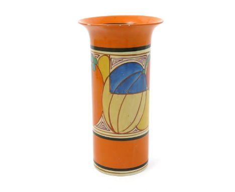 'Melon' a Clarice Cliff vase, painted in colours between orange and black bands, printed factory marks, minor paint frits to 