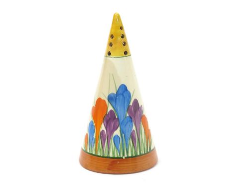 'Crocus' a Clarice Cliff Bizarre Conical sugar sifter, painted in colours between yellow and brown bands, printed factory mar