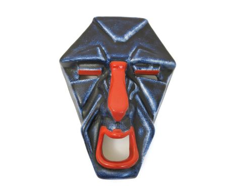 'Grotesque Mask' a rare Bizarre mask designed by Ron Birks,  covered in a Clouvre glaze with enamel red details, printed fact