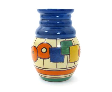 'Circles and Squares' a Clarice Cliff Fantasque Bizarre 358 vase, painted in colours between blue, orange and green bands, pr