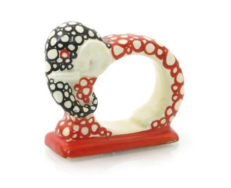 'Bubbles' a rare Clarice Cliff Elephant napkin ring, painted in shades of Coral red and black, printed factory mark, 8cm. wid