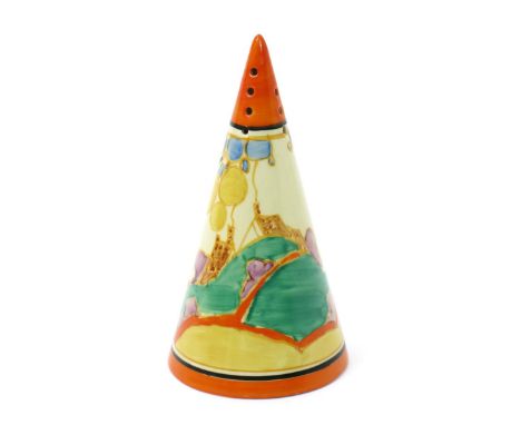 'Seven Colour Secrets' a Clarice Cliff Fantasque Bizarre Conical sugar sifter, painted in colours  between orange and black b
