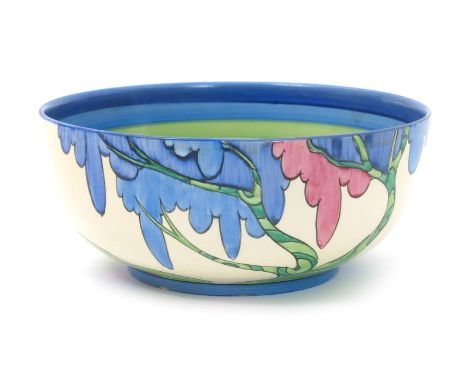 'Rudyard' a Clarice Cliff Fantasque Bizarre bowl, painted in colours with blue, green and pink bands to interior, printed fac