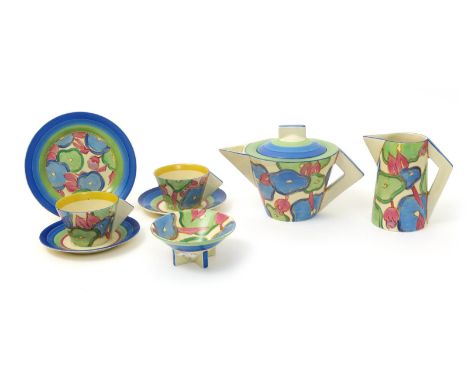 'Blue Chintz' a Clarice Cliff Bizarre large Conical tea set for two, painted in colours, comprising large Conical teapot and 