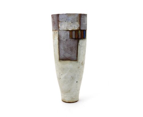 ‡ Robin Welch (born 1936) a stoneware vase, tall compressed cylindrical form incised with geometric panels in purple, rust an