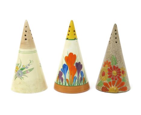'Crocus' a Clarice Cliff Bizarre Conical sugar sifter, painted in colours between yellow and brown bands, a Goldstone Marigol