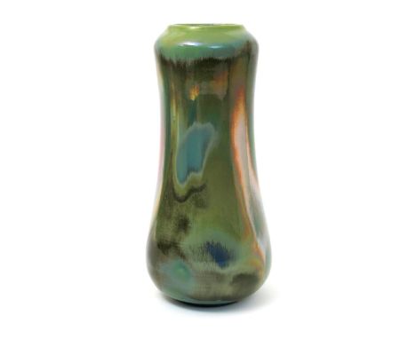 A Carter's Poole Pottery lustre vase, 1906, waisted cylindrical form, covered in a streaked green lustre glaze, incised mark 