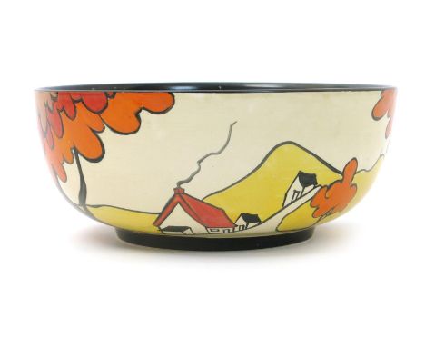 'House and Bridge' a Clarice Cliff Fantasque Bizarre bowl, painted in colours, the interior with black, red, orange and yello