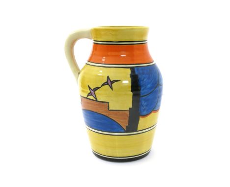 'Sunray' a Clarice Cliff Bizarre single-handled Lotus Jug, painted in colours between orange, yellow and black bands, printed