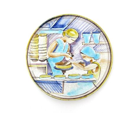 An unusual Arabia pottery wall plate by Toini Muona, dated 1932, painted possibly with a self-portrait at the wheel,   workin