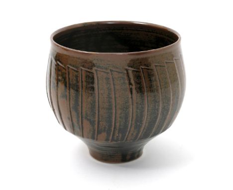 ‡ David Leach OBE (1911-2005) a Lowerdown Pottery cut-sided stoneware footed bowl, covered in a tenmoku glaze impressed seal 