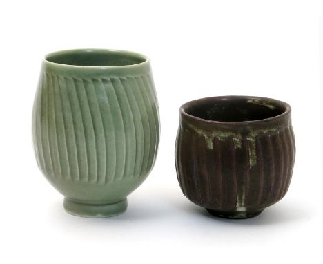 ‡ David Leach OBE (1911-2005) a Lowerdown Pottery cut-sided porcelain bowl, footed form, covered in a celadon glaze, and anot