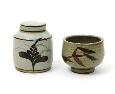 ‡ David Leach OBE (1911-2005), attributed a Lowerdown Pottery stoneware Foxglove caddy and cover, painted in tenmoku and blue