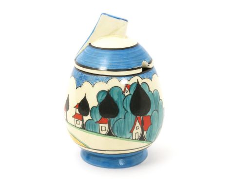 'May Avenue' a rare Clarice Cliff Bizarre Daffodil preserve pot and cover, painted in colours between blue and black bands, p