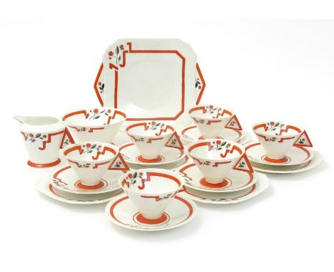 A Shelley Vogue shape tea set for six, pattern no.11739, comprising milk-jug and sugar basin, six cups and saucers, and five 