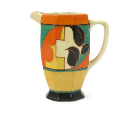 'Feather and Leaves' a Clarice Cliff Fantasque Bizarre Athens jug, painted in colours between orange and black bands, printed
