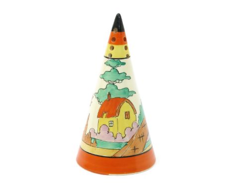 'Orange Roof Cottage' a Clarice Cliff Conical sugar sifter, painted in colours between yellow, orange and black bands, printe