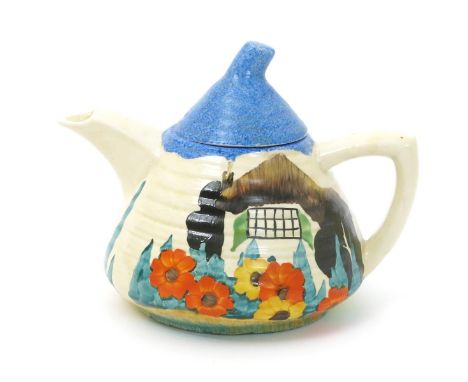 'Tralee' a Clarice Cliff Bizarre Lynton teapot and cover, painted in colours printed factory marks, professional restoration 