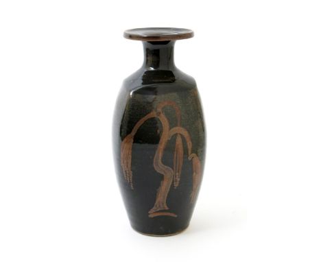 ‡ David Leach OBE (1911-2005) a Lowerdown Pottery Willow  vase,  shouldered form, resist decorated in tenmoku, impressed seal