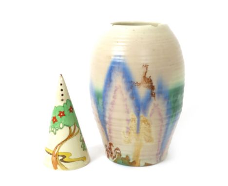 'Waverly' a Clarice Cliff Conical sugar sifter, painted in colours, and a Bizarre vase painted in colours, printed factory ma