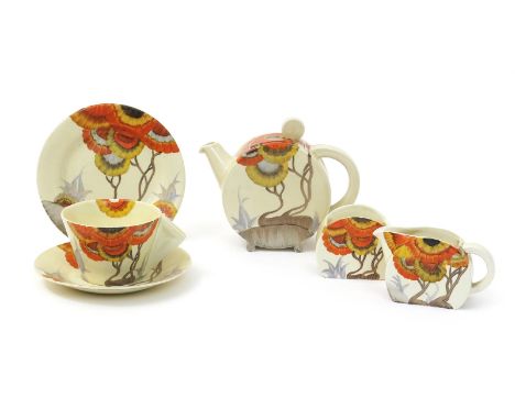 'Rhodanthe' a Clarice Cliff Bizarre Bon Jour Bachelor tea set, comprising teapot and cover, Stamford milk-jug and sugar basin