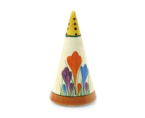 'Crocus' a Clarice Cliff Bizarre Conical sugar sifter, painted in colours between yellow and brown bands, printed factory mar