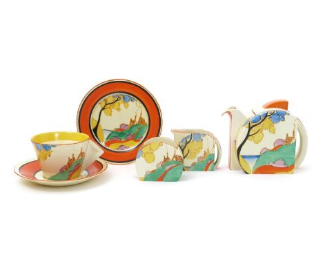'Seven Colour Secrets' a Clarice Cliff Fantasque Bizarre Stamford Bachelor tea set for one, painted in colours, comprising te