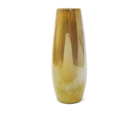 A tall Carter's Poole Pottery lustre vase, dated 1904, slightly swollen cylindrical form, covered in a golden lustre glaze in