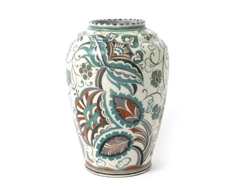 A Poole Pottery vase by Ruth Pavely, shape 966, pattern BR, shouldered cylindrical form, painted with stylised flowers and fo