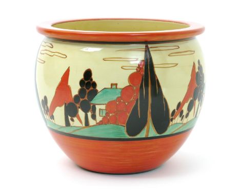 'Red Trees and House' a Clarice Cliff Fantasque Bizarre Bowness jardiniere, painted in colours between coral reds printed fac