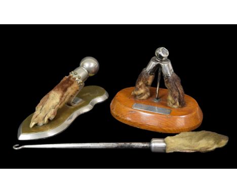 Collectibles: Red Fox and Hare Paper Weights and Button Pull, circa late 19th Century, a white metal and brass mounted Red fo