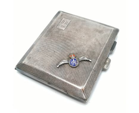 1939 Silver engine turned cigarette case by W T Toghill &amp; Co with 5-7-(19)41 dedication &amp; applied enamel RAF 'wings' 