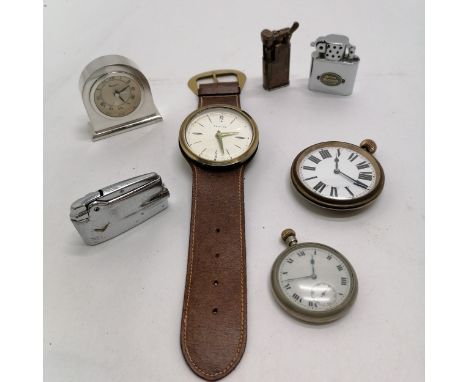 Aquascutum quartz desk clock (6cm), novelty Janine alarm clock as a wristwatch, 3 lighters inc storm Ronson etc 