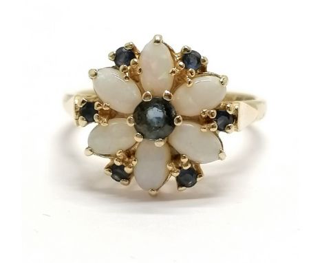 14ct hallmarked gold sapphire &amp; opal flower cluster ring - size O &amp; 3.4g total weight 