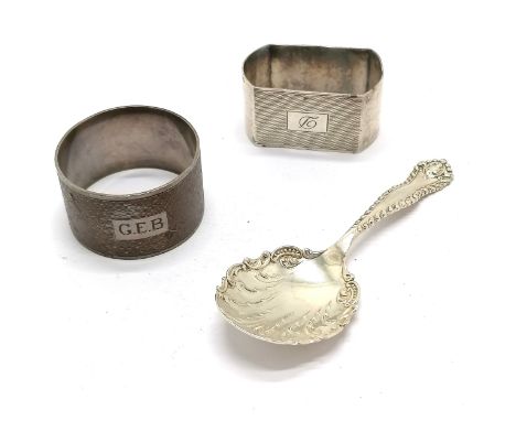 1899 silver caddy spoon by George Edwin Walton &amp; Co Ltd - 10.5cm long t/w  2 x silver napkin rings (both with initials) -