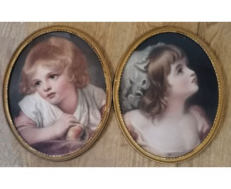 Pair of antique oval framed children portrait prints titled on reverse _ Henrietta &amp; Golden Pippin - 38cm x 30cm ~ slight