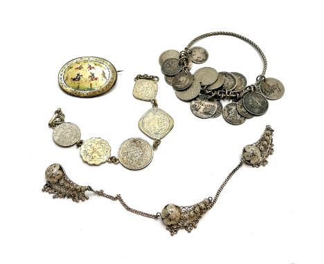 Qty of ethnic mostly silver jewellery inc bangle with attached coins (some with sweetheart names on reverses), Middle Eastern