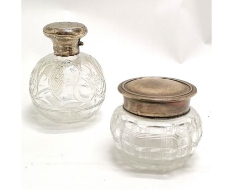 Silver topped glass bodied scent bottle - 11cm high (dents to lid) t/w Chester silver lidded jar (no obvious damage) 