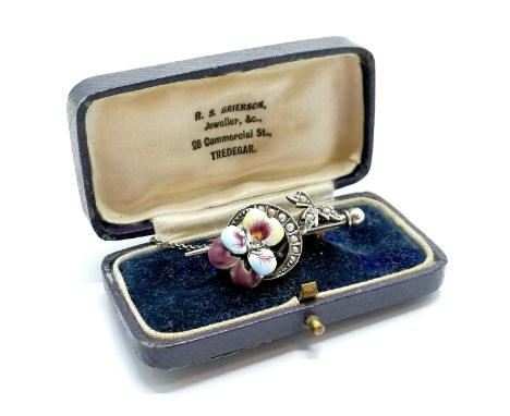 Unmarked silver enamel pansy bar brooch set with seed pearls in a retail box - 4cm across ~ has replacement metal hinge & pin